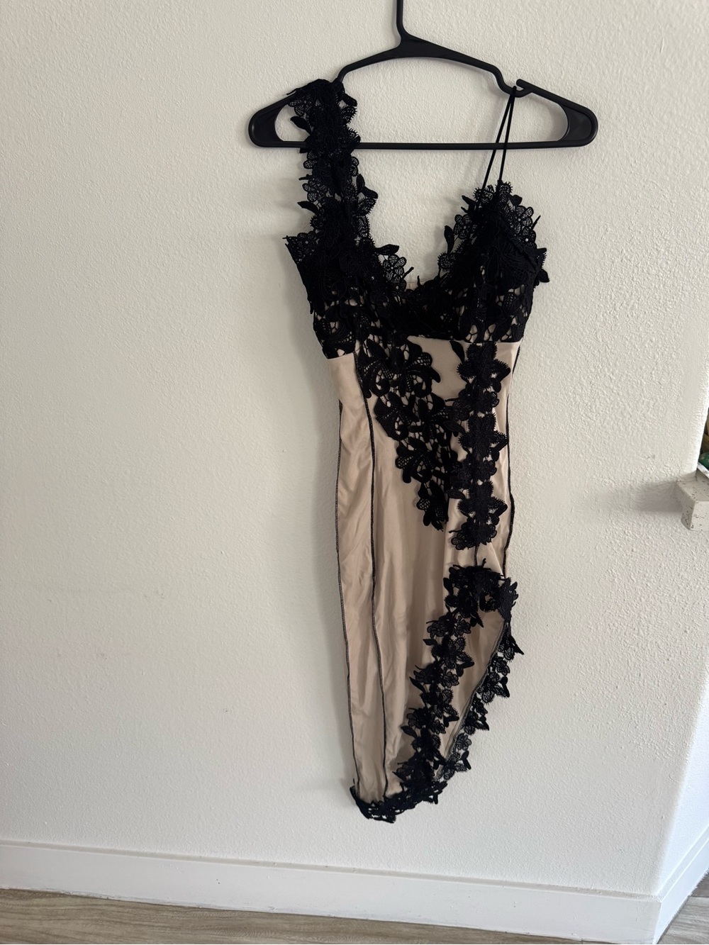 Fashion Nova Nude Midi Dress with Black Lace Appliqué